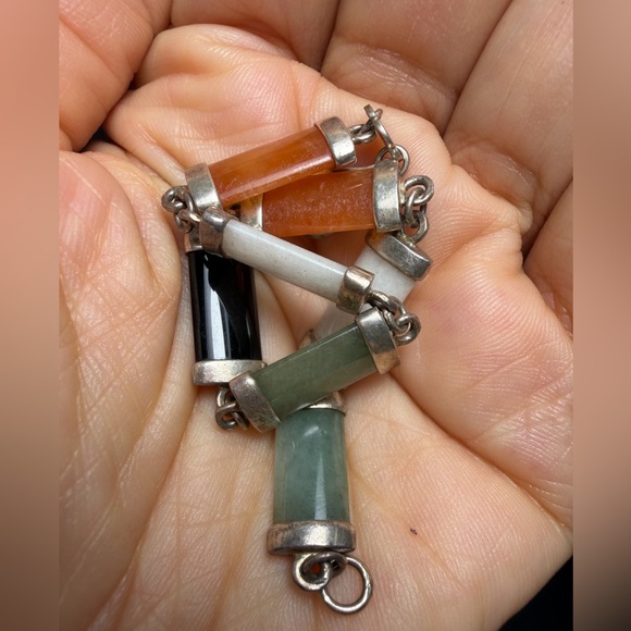 Vintage 925 Sterling Silver Multi-Colored Jade Link Bracelet - Picture 10 of 10